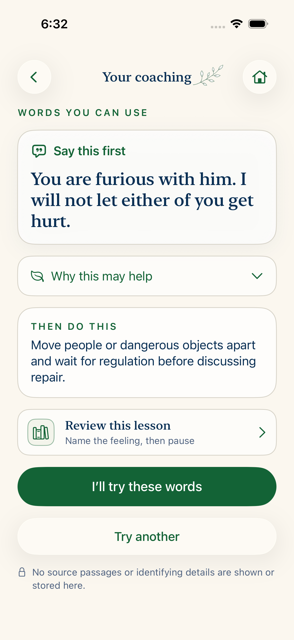 LittleTalk Coach response with words to say and one calm next action