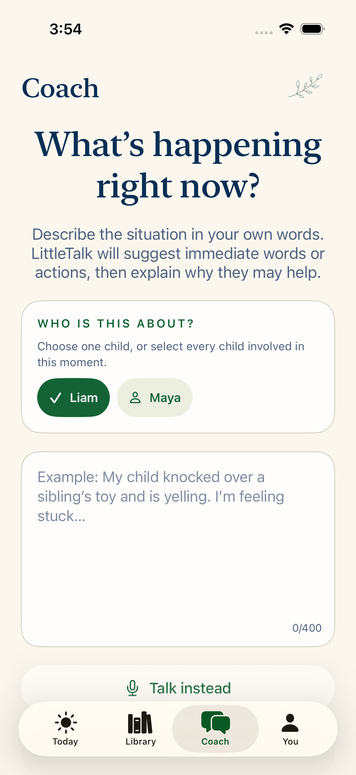 LittleTalk Coach tab with a child selected and space to describe a situation