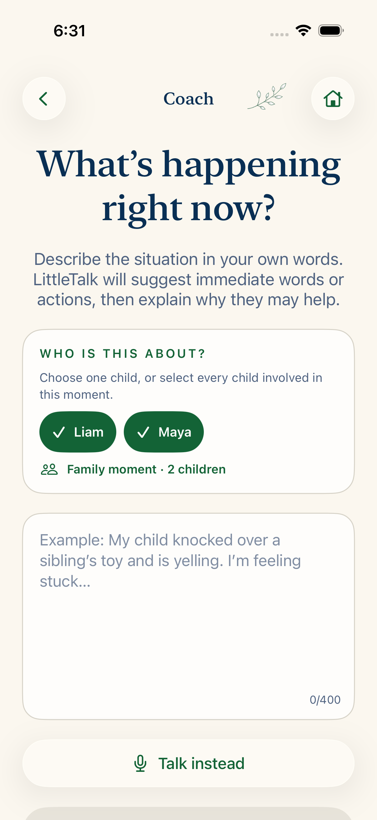 LittleTalk Coach with Liam and Maya selected for one family situation