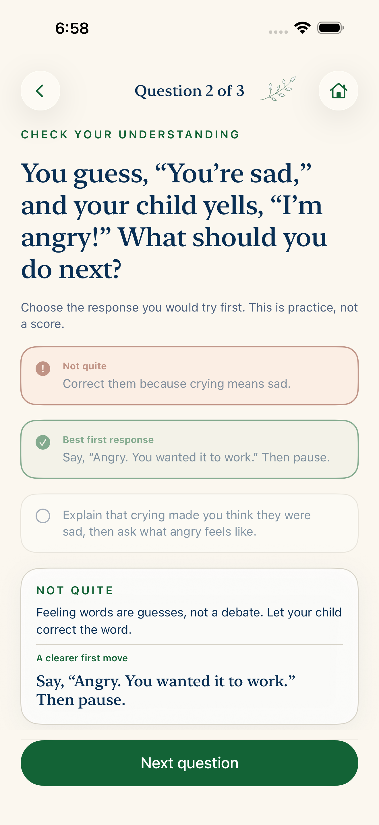 LittleTalk practice question showing supportive not-quite and best-response feedback