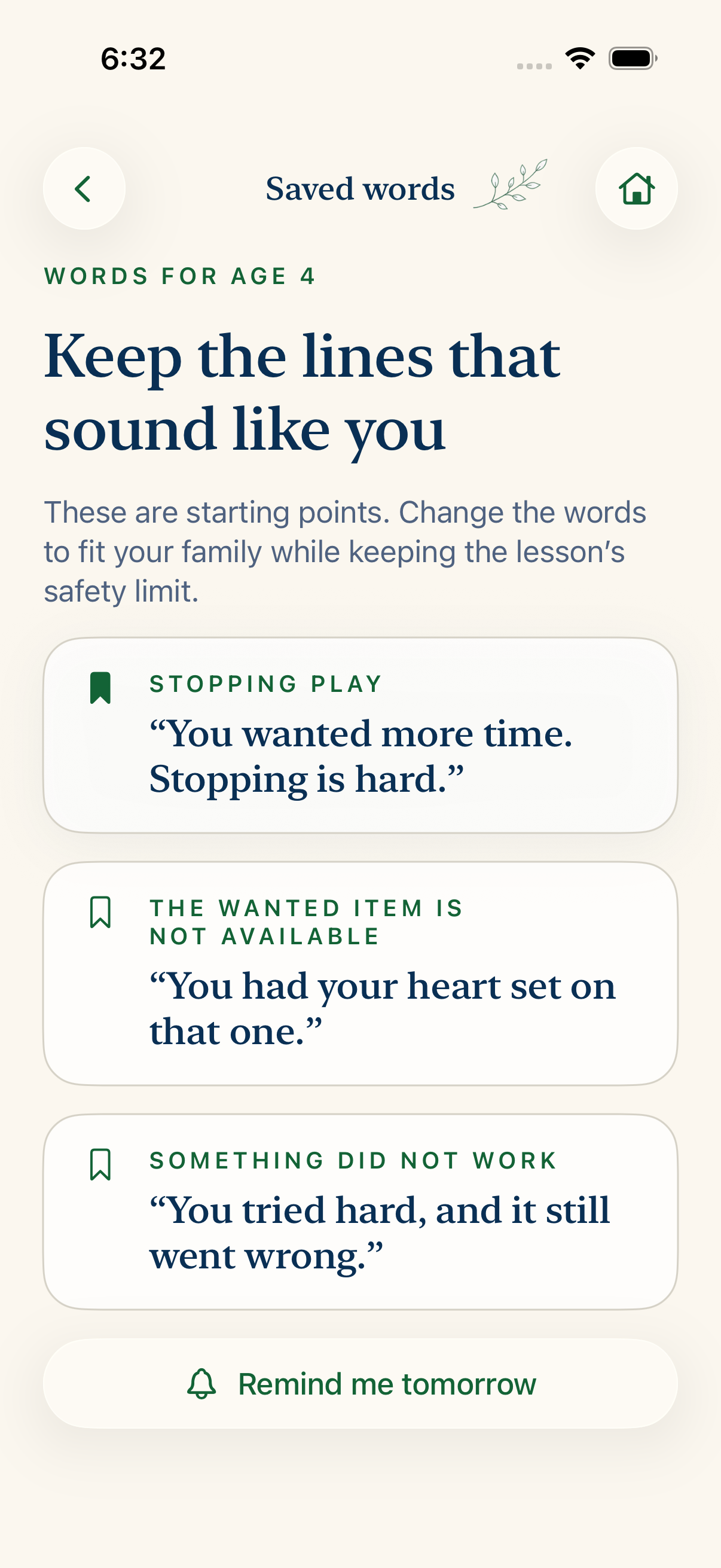 LittleTalk saved phrases screen with adaptable words for a family